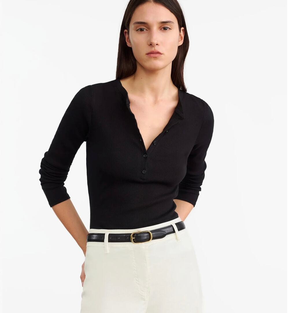 Nili Lotan Jordan Henley Long Sleeve Cotton Top Black Small